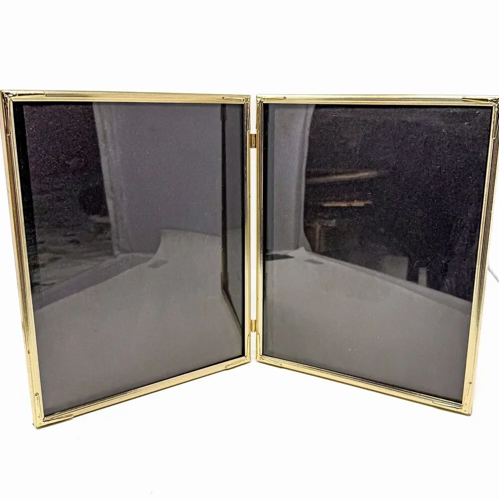 Vintage Gold Tone Brass Bi Fold Double Hinged Picture Frame Holds Two 8x10
